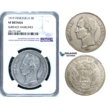 R671, Venezuela, 5 Bolivares 1919, Philadelphia, Silver, NGC VF Det.