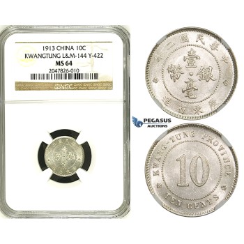 R675, China, Kwangtung, 10 Cents 1913, Silver, L&M 422, NGC MS64