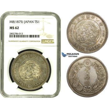R678, Japan, Meiji, Trade Dollar Yr. 8 (1875) Silver, JNDA 01-12, NGC MS62, Rare Grade!