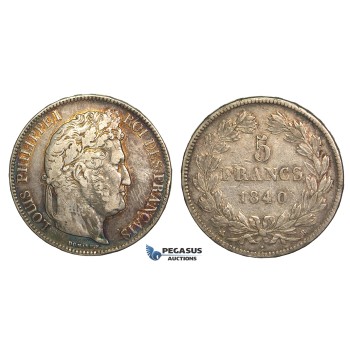 R68, France, Louis Philippe, 5 Francs 1840-B, Rouen, Silver, Nice w. Fine toning!