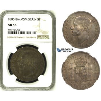 R680, Spain, Alfonso XIII, 5 Pesetas 1885 (86) MSM, Madrid, Silver, NGC AU55