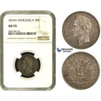 R682, Venezuela, 20 Centavos 1876-A, Paris, Silver, NGC AU55, Rare!