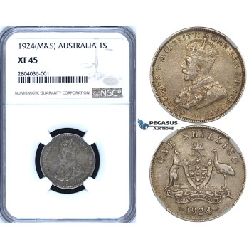 R686, Australia, George V, 1 Shilling 1924 (M&S) Melbourne & Sydney, Silver, NGC XF45
