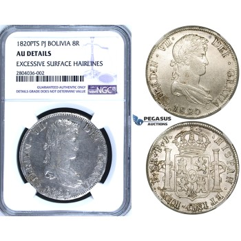 R687, Bolivia, Ferdinand VII, 8 Reales 1820-PTS PJ, Potosi, Silver, NGC AU Details.