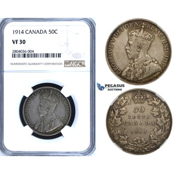 R689, Canada, George V, 50 Cents 1914, Silver, NGC VF30