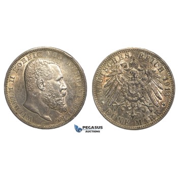 R69, Germany, Württemberg, Wilhelm II, 5 Mark 1913-F, Stuttgart, Silver, High Grade & Fine Toning