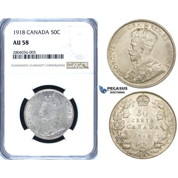 R690, Canada, George V, 50 Cents 1918, Silver, NGC AU58