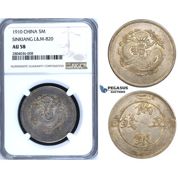 R692, China, Sinkiang, 5 Miscals 1910, Silver, L&M 820, NGC AU58