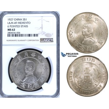 R693, China, Memento Dollar 1927, Silver, L&M 49, NGC MS62