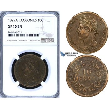 R697, French Colonies, Charles X, 10 Centimes 1829-A, Paris, NGC XF40BN
