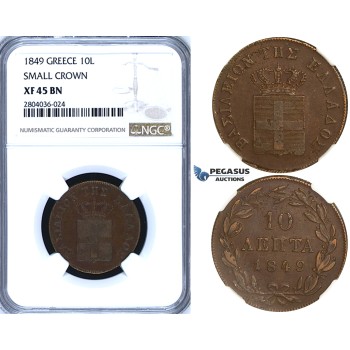 R699, Greece, Othon, 10 Lepta 1849 Small Crown, Athens, NGC XF45BN