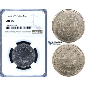 R702, Poland, Danzig, 5 Gulden 1935, Nickel, NGC AU55