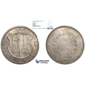 R706, Switzerland, Geneva, 10 Francs 1851, Silver, NGC MS62, Rare!