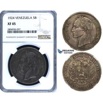 R710, Venezuela, 5 Bolivares 1924, Silver, NGC XF45
