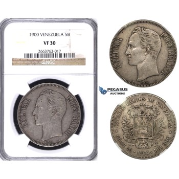 R724, Venezuela, 5 Bolivares 1900, Paris, Silver, NGC VF30