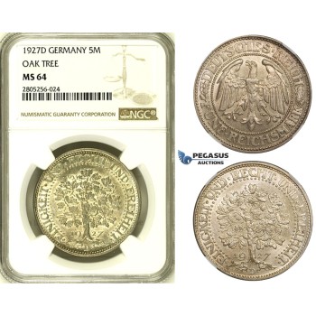 R728, Germany, Weimar, 5 Reichmark 1927-D, Munich, Silver, NGC MS64