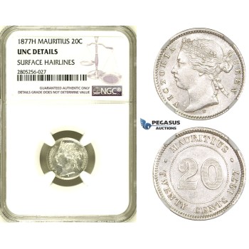R730, Mauritius, Victoria, 20 Cents 1877-H, Silver, NGC UNC