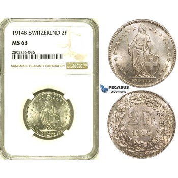 R733, Switzerland, 2 Francs 1914-B, Bern, Silver, NGC MS63
