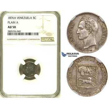 R734, Venezuela, 5 Centimos 1876-A, Paris, Silver, NGC AU50 (No serif)