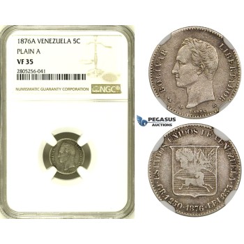 R735, Venezuela, 5 Centimos 1876-A, Paris, Silver, NGC VF35 (No serif)