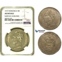 R737, Venezuela, 5 Bolivares 1919, Philadelphia, Silver, NGC AU Det.