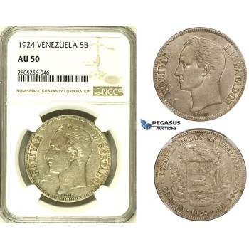 R738, Venezuela, 5 Bolivares 1924, Philadelphia, Silver, NGC AU50