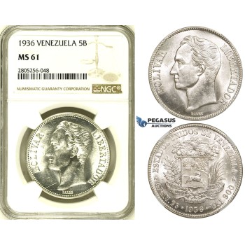 R739, Venezuela, 5 Bolivares 1936, Philadelphia, Silver, NGC MS61