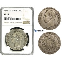 R746, Venezuela, 5 Bolivares 1901, Paris, Silver, NGC VF35, Rare!