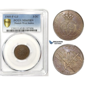 R749, Danish West Indies, Christian IX, 1/2 Cent (2-1/2 Bit) 1905, Copenhagen, PCGS MS65BN