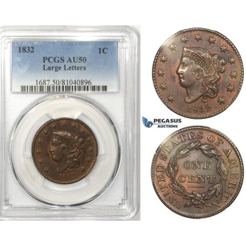 R750, United States, Coronet Head Cent 1832 Large Letters, PCGS AU50