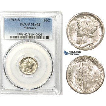 R756, United States, Mercury Dime (10C) 1916-S, San Francisco, Silver, PCGS MS62