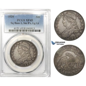 R762, United States, Capped Bust Half Dollar (50C) 1828 (Sq. Base 2, Sm. 8s, Lg Lt) Silver, PCGS XF45