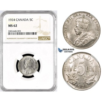 R767, Canada, George V, 5 Cents 1924, NGC MS62