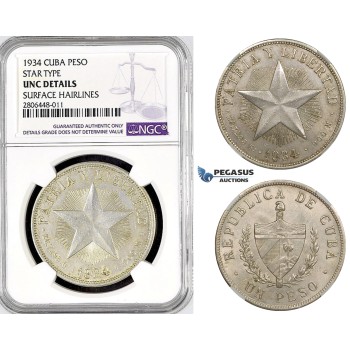 R773, Cuba, Star Type Peso 1934, Philadelphia, Silver, NGC UNC Det.