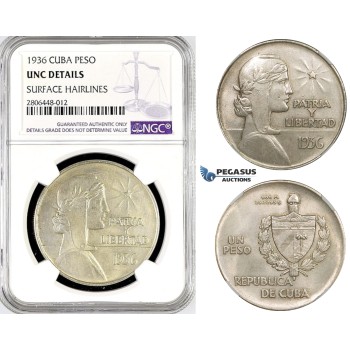 R774, Cuba, ABC Peso 1936, Philadelphia, Silver, NGC UNC Det.