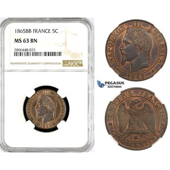 R777, France, Napoleon III, 5 Centimes 1865-BB, Strasbourg, NGC MS63BN