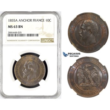 R779, France, Napoleon III, 10 Centimes 1855-A, Anchor Paris, NGC MS63BN