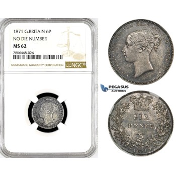 R781, Great Britain, Victoria, Sixpence (6P) 1871 No Die Number, London, Silver, NGC MS62