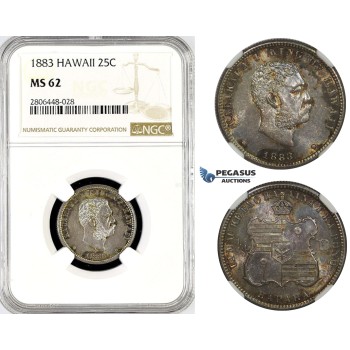 R782, Hawaii, Kalakaua I, 1/4 Dollar (25C) 1883, Silver, NGC MS62