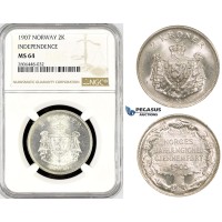 R785, Norway, 2 Kroner 1907 "Independence" Silver, NGC MS64