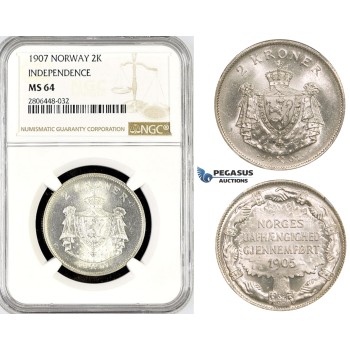 R785, Norway, 2 Kroner 1907 Independence Silver, NGC MS64