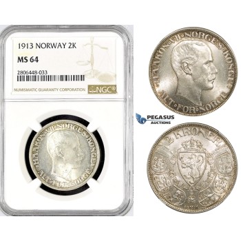 R786, Norway, Haakon VII, 2 Kroner 1913, Kongsberg, Silver, NGC MS64