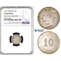 R791, Straits Settlements, Victoria, 10 Cents 1871, Silver, NGC AU Det.