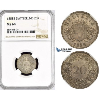 R793, Switzerland, 20 Rappen 1858-B, Bern, Silver, NGC MS64