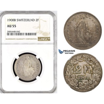 R794, Switzerland, 2 Francs 1908-B, Bern, Silver, NGC AU55