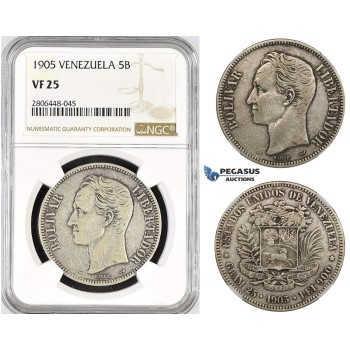 R797, Venezuela, 5 Bolivares 1905, Paris, Silver, NGC VF25