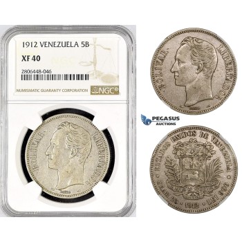 R798, Venezuela, 5 Bolivares 1912, Paris, Silver, NGC XF40, Rare!