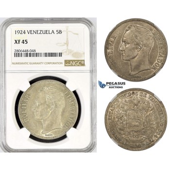 R799, Venezuela, 5 Bolivares 1924, Philadelphia, Silver, NGC XF45
