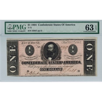 R800, Confederate States of America, One Dollar ($1) 1864, T-71, PMG 63EPQ