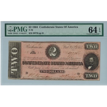 R801, Confederate States of America, Two Dollars ($2) 1864, T-70, PMG 64EPQ